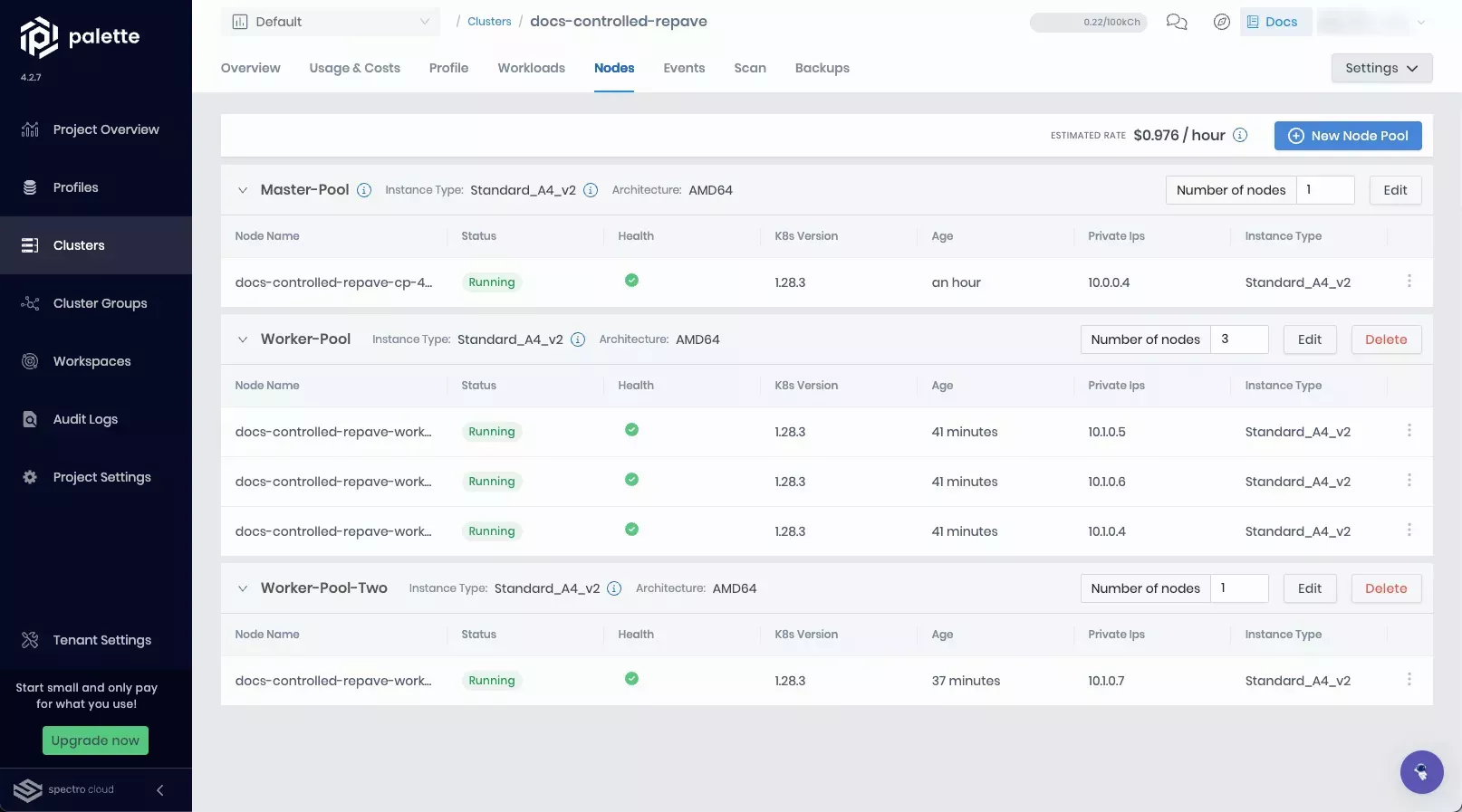 Cluster nodes page with all nodes in the healthy status