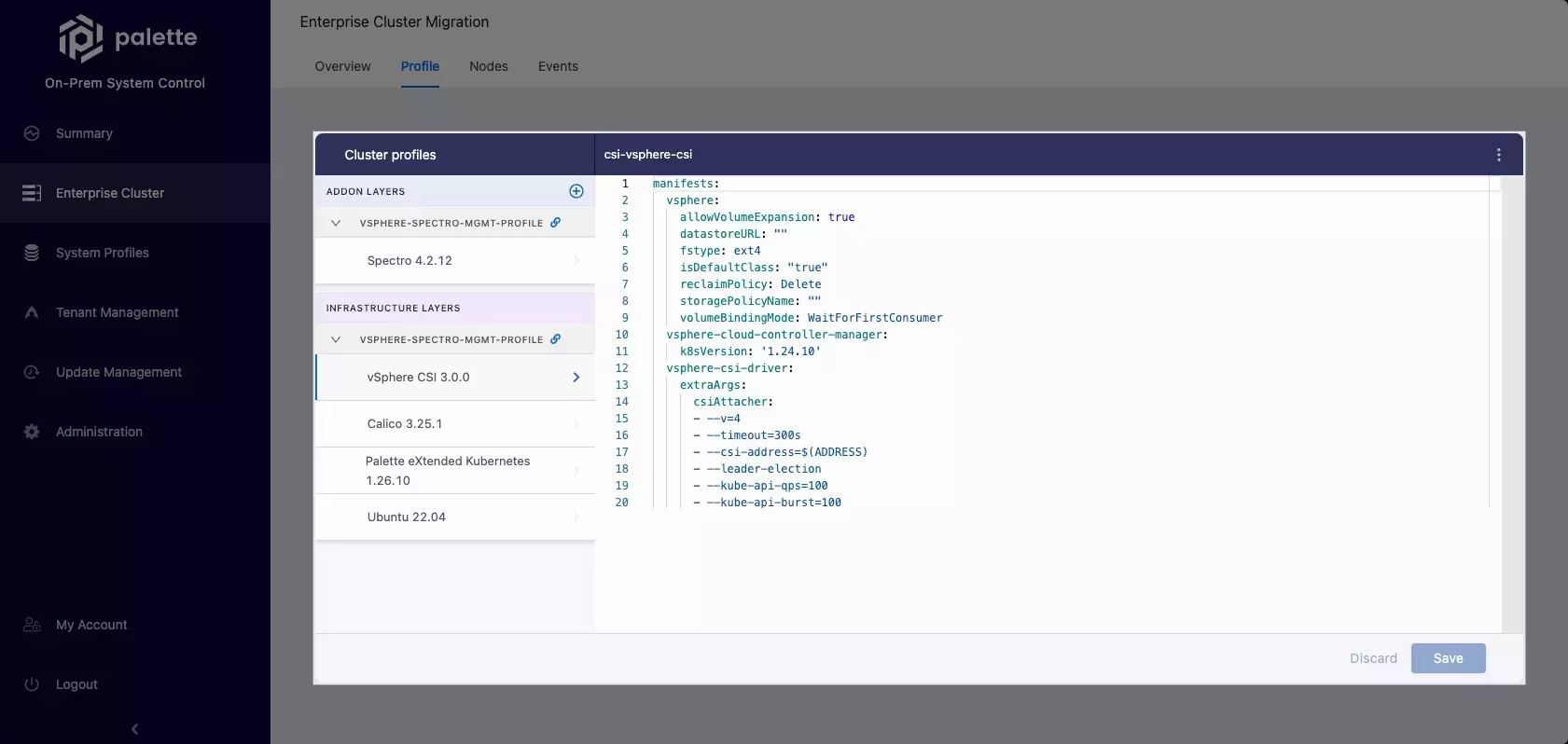 Self-hosted Palette VerteX system console with the highlighted Enterprise Cluster profile configuration values.