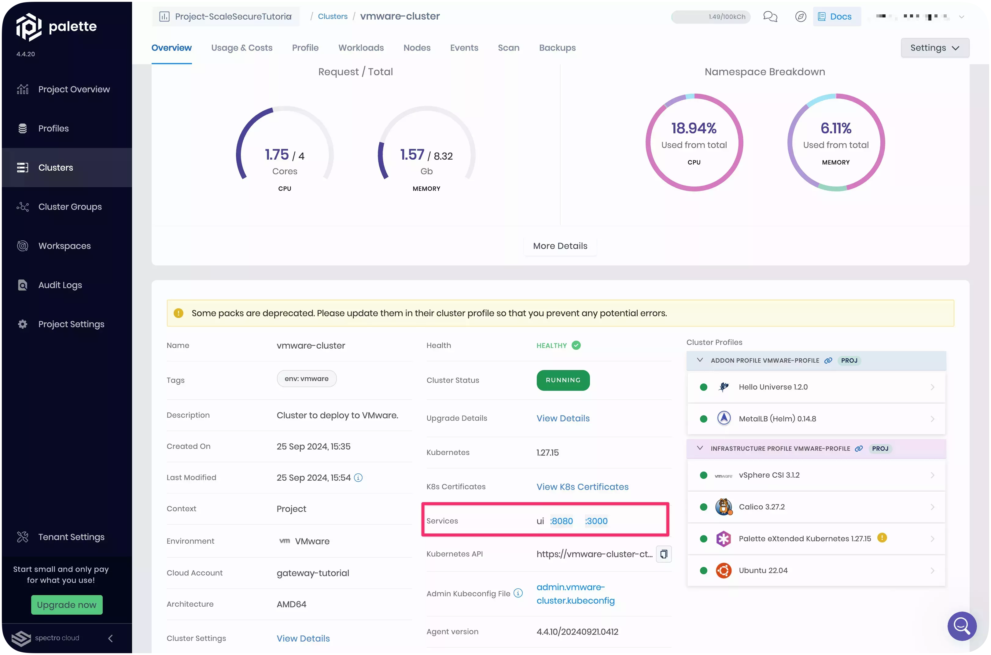 Cluster details page with service URL highlighted