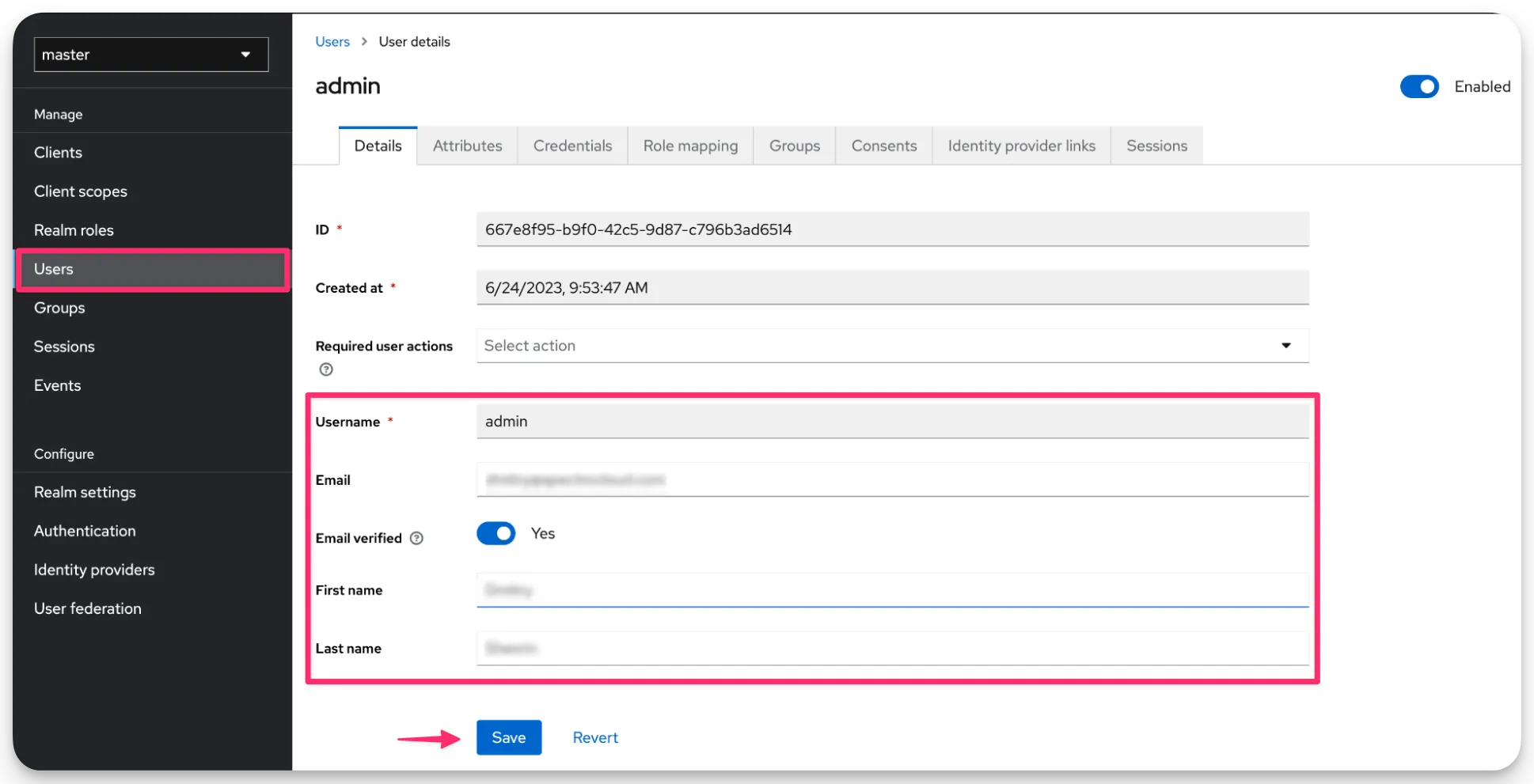 View of the Keycloack admin portal screen